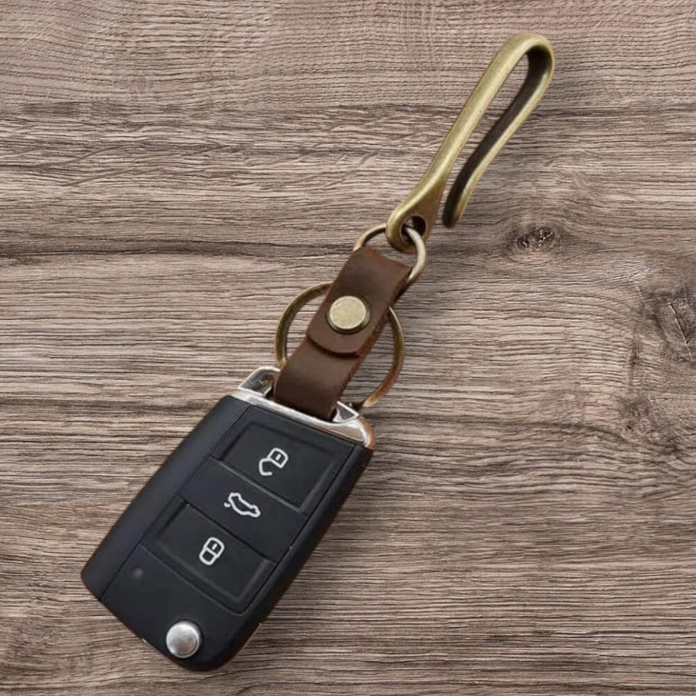 Deep Brown Leather & Brass Quick Release Belt Hook Clip Key Chain